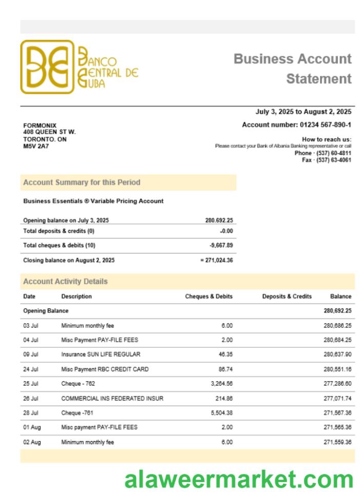 Banco Central de Cuban bank business firm account statement Word snd PDF format